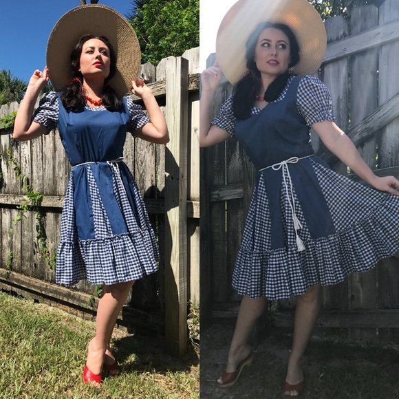 Vintage Dresses & Skirts - Cute vintage blue gingham check print dress cowgirl fair rodeo square dance S M